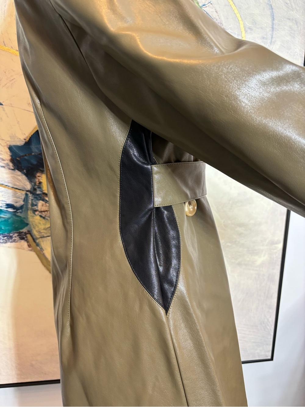 Olive Green Faux Leather Belted Trench Blazer - Picture 9 of 16